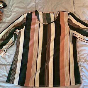 Medium pink, olive green, and navy blue stripped dress shirt
